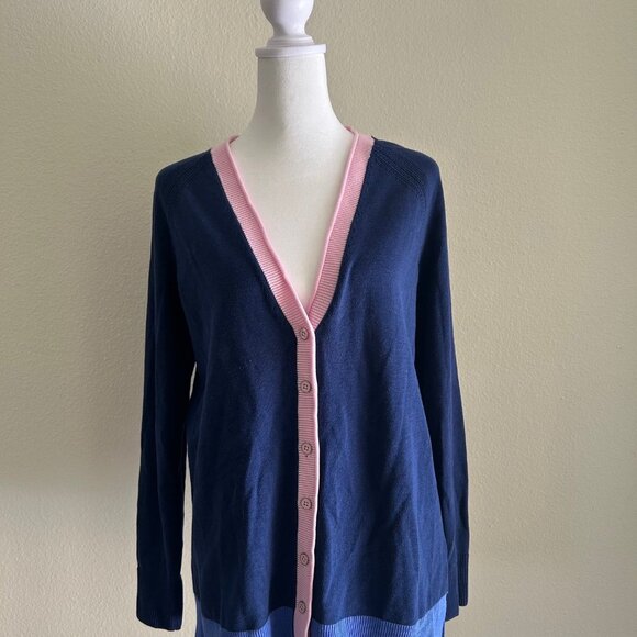 Talbots Cardigan Navy Blue/Pink Tipped Girlfriend Button Sweater SZXS Classic - Picture 1 of 8